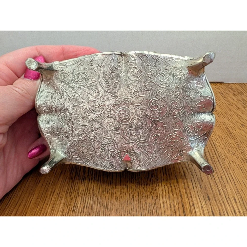 Vintage Silver Toned Jewelry Trinket Box/Footed/Red Velvet Lining